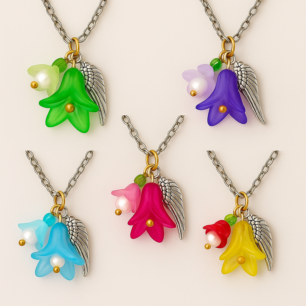 Feenlaterne – Feenlicht Kette | Feen Schmuck & Elfen Anhänger | Handgemacht mit Acryl Blüte & Engelsflügel | in Grün, Lila, Flieder, Pink, Hellblau & Gelb