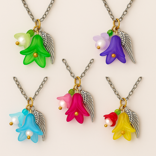 Feenlaterne – Feenlicht Kette | Feen Schmuck & Elfen Anhänger | Handgemacht mit Acryl Blüte & Engelsflügel | in Grün, Lila, Flieder, Pink, Hellblau & Gelb