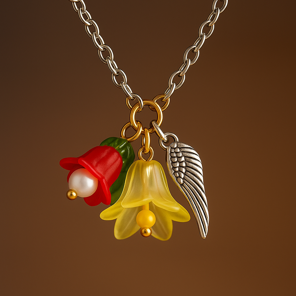 Feenlaterne – Feenlicht Kette | Feen Schmuck & Elfen Anhänger | Handgemacht mit Acryl Blüte & Engelsflügel | in Grün, Lila, Flieder, Pink, Hellblau & Gelb