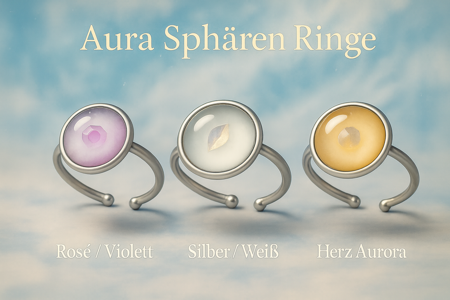 Aura Sphären Ringe · Silber Edition
Mystischer Energieschmuck mit Bedeutung – Handgefertigte Ringe aus Silberoptik mit Aurora-Licht, Herz-Aurora & Sonnen-Aurora