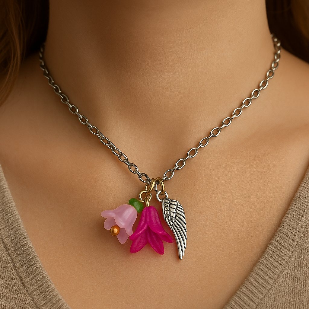 Feenlaterne – Feenlicht Kette | Feen Schmuck & Elfen Anhänger | Handgemacht mit Acryl Blüte & Engelsflügel | in Grün, Lila, Flieder, Pink, Hellblau & Gelb