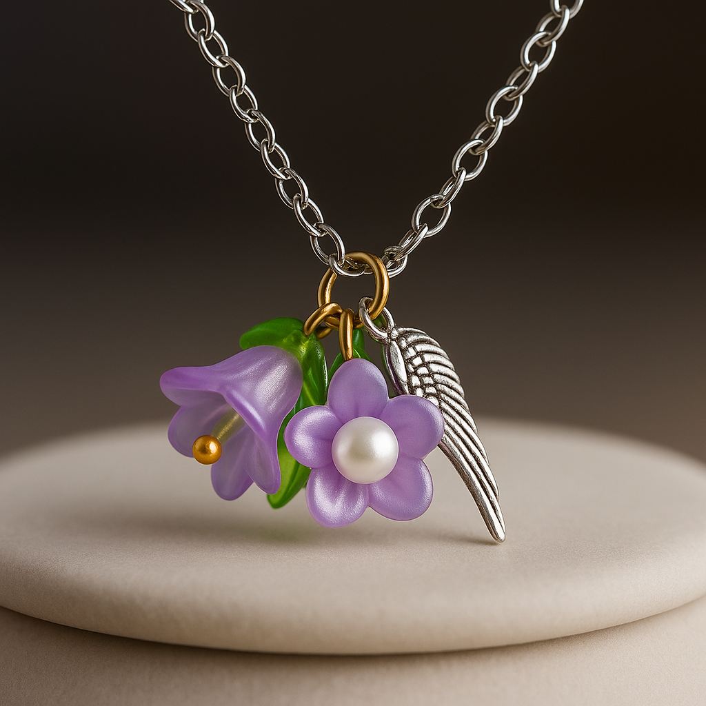 Feenlaterne – Feenlicht Kette | Feen Schmuck & Elfen Anhänger | Handgemacht mit Acryl Blüte & Engelsflügel | in Grün, Lila, Flieder, Pink, Hellblau & Gelb