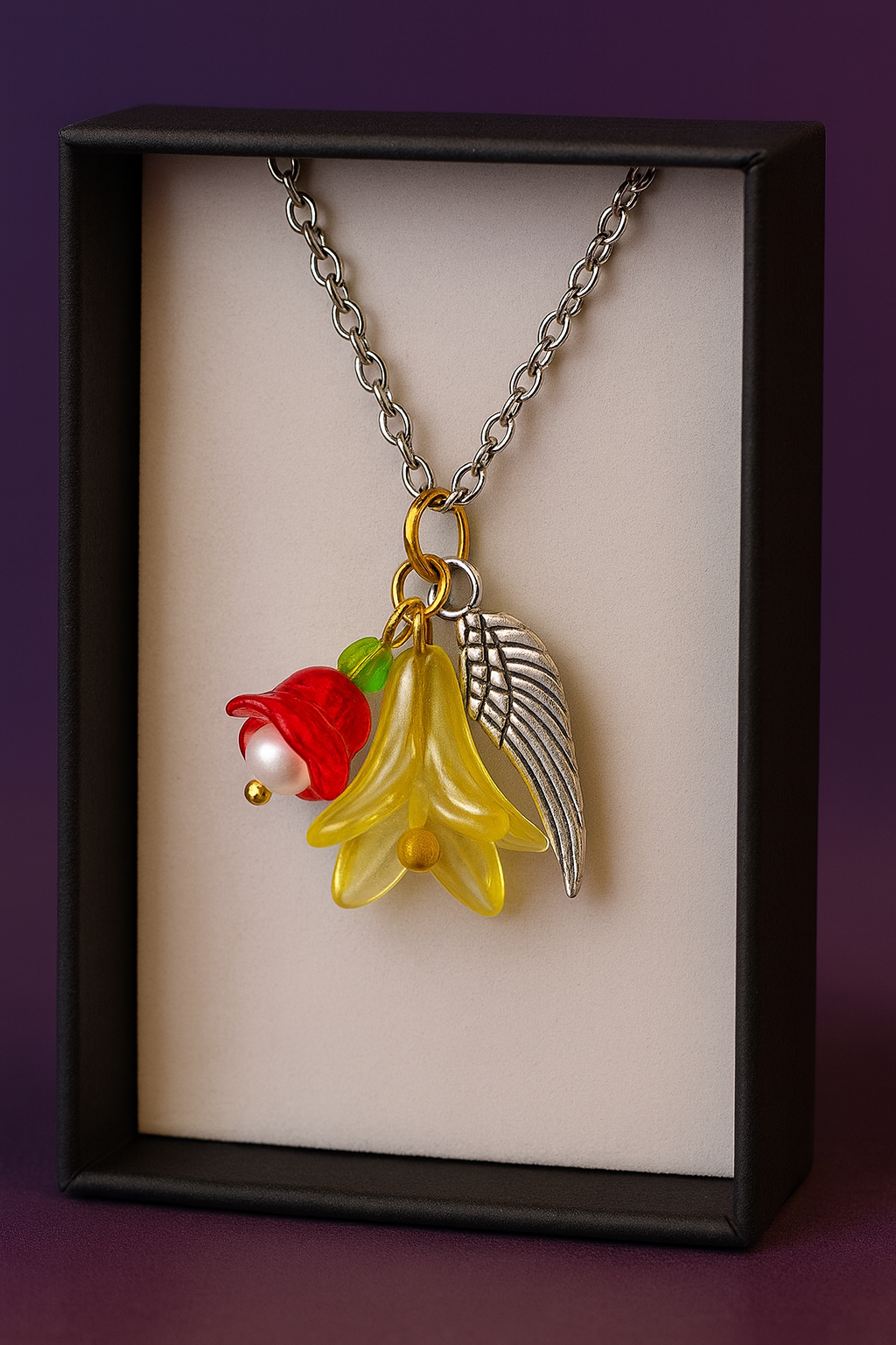 Feenlaterne – Feenlicht Kette | Feen Schmuck & Elfen Anhänger | Handgemacht mit Acryl Blüte & Engelsflügel | in Grün, Lila, Flieder, Pink, Hellblau & Gelb