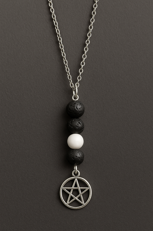 ✨ Wicca Mondphasen-Kette aus Lava- und Howlith-Perlen mit Pentagramm-Anhänger ✨