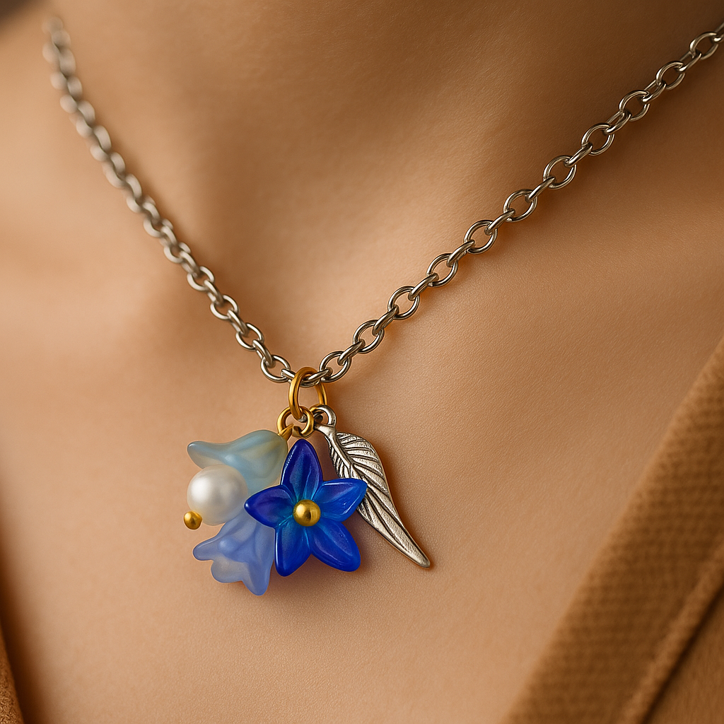 Feenlaterne – Feenlicht Kette | Feen Schmuck & Elfen Anhänger | Handgemacht mit Acryl Blüte & Engelsflügel | in Grün, Lila, Flieder, Pink, Hellblau & Gelb