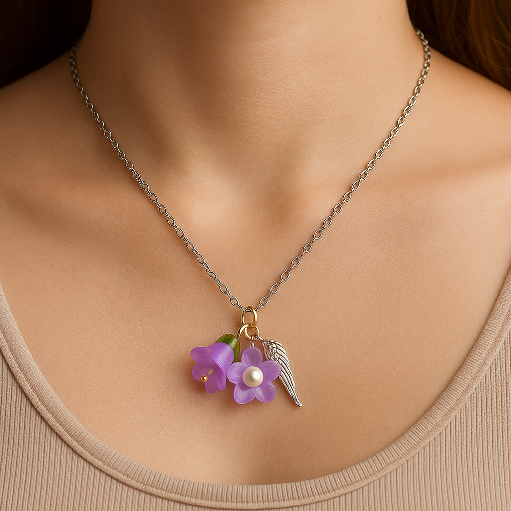 Feenlaterne – Feenlicht Kette | Feen Schmuck & Elfen Anhänger | Handgemacht mit Acryl Blüte & Engelsflügel | in Grün, Lila, Flieder, Pink, Hellblau & Gelb