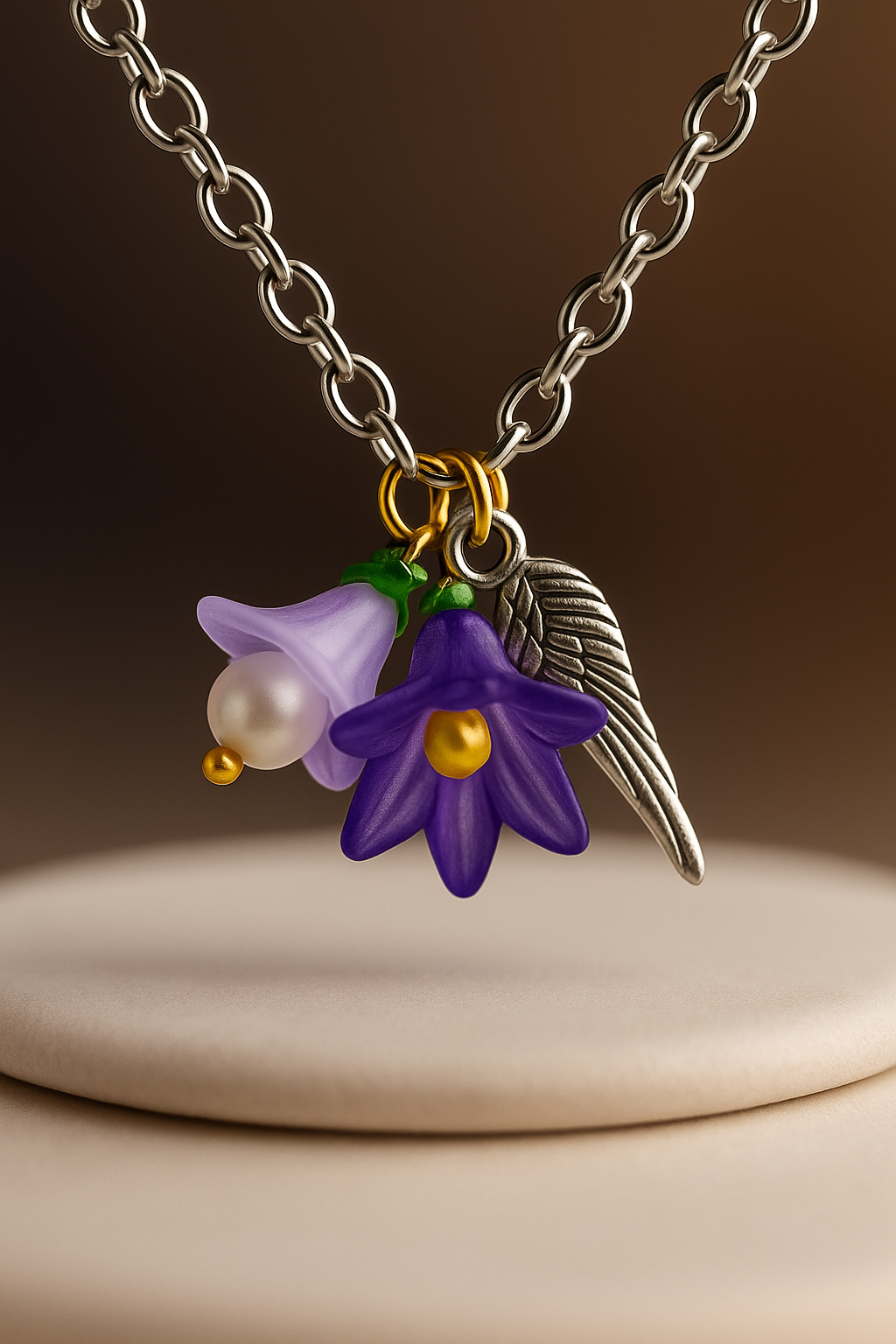 Feenlaterne – Feenlicht Kette | Feen Schmuck & Elfen Anhänger | Handgemacht mit Acryl Blüte & Engelsflügel | in Grün, Lila, Flieder, Pink, Hellblau & Gelb