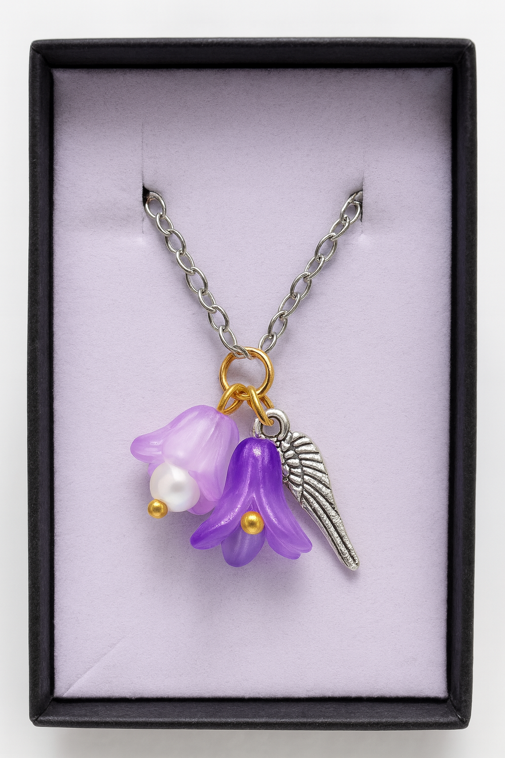 Feenlaterne – Feenlicht Kette | Feen Schmuck & Elfen Anhänger | Handgemacht mit Acryl Blüte & Engelsflügel | in Grün, Lila, Flieder, Pink, Hellblau & Gelb