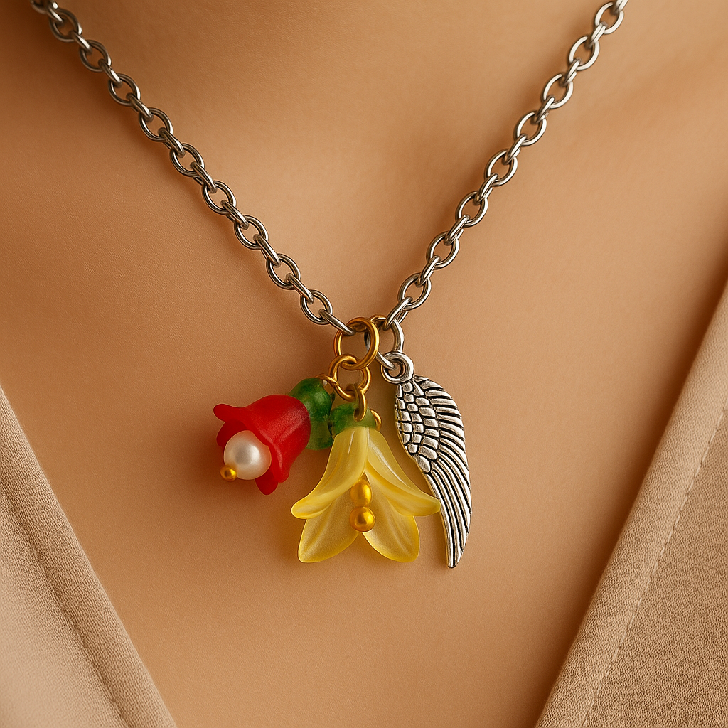 Feenlaterne – Feenlicht Kette | Feen Schmuck & Elfen Anhänger | Handgemacht mit Acryl Blüte & Engelsflügel | in Grün, Lila, Flieder, Pink, Hellblau & Gelb