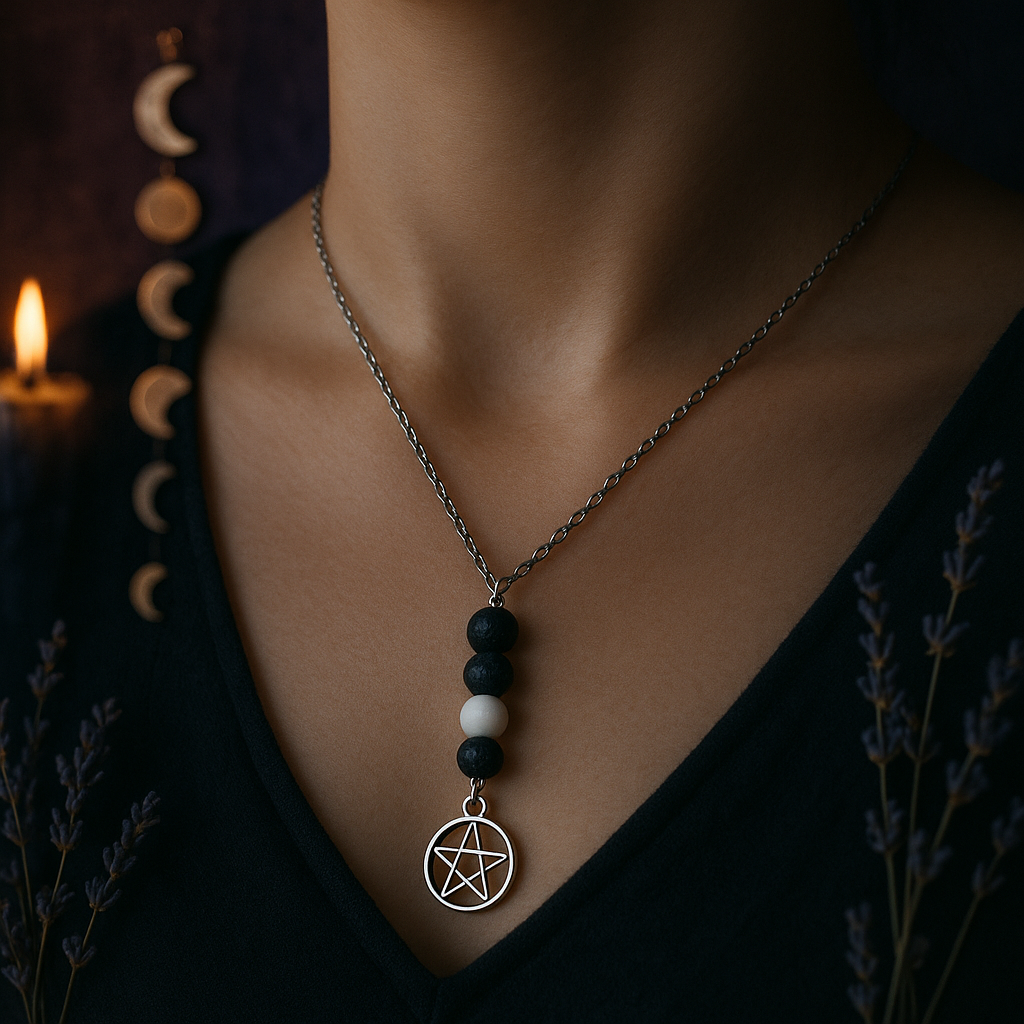 ✨ Wicca Mondphasen-Kette aus Lava- und Howlith-Perlen mit Pentagramm-Anhänger ✨