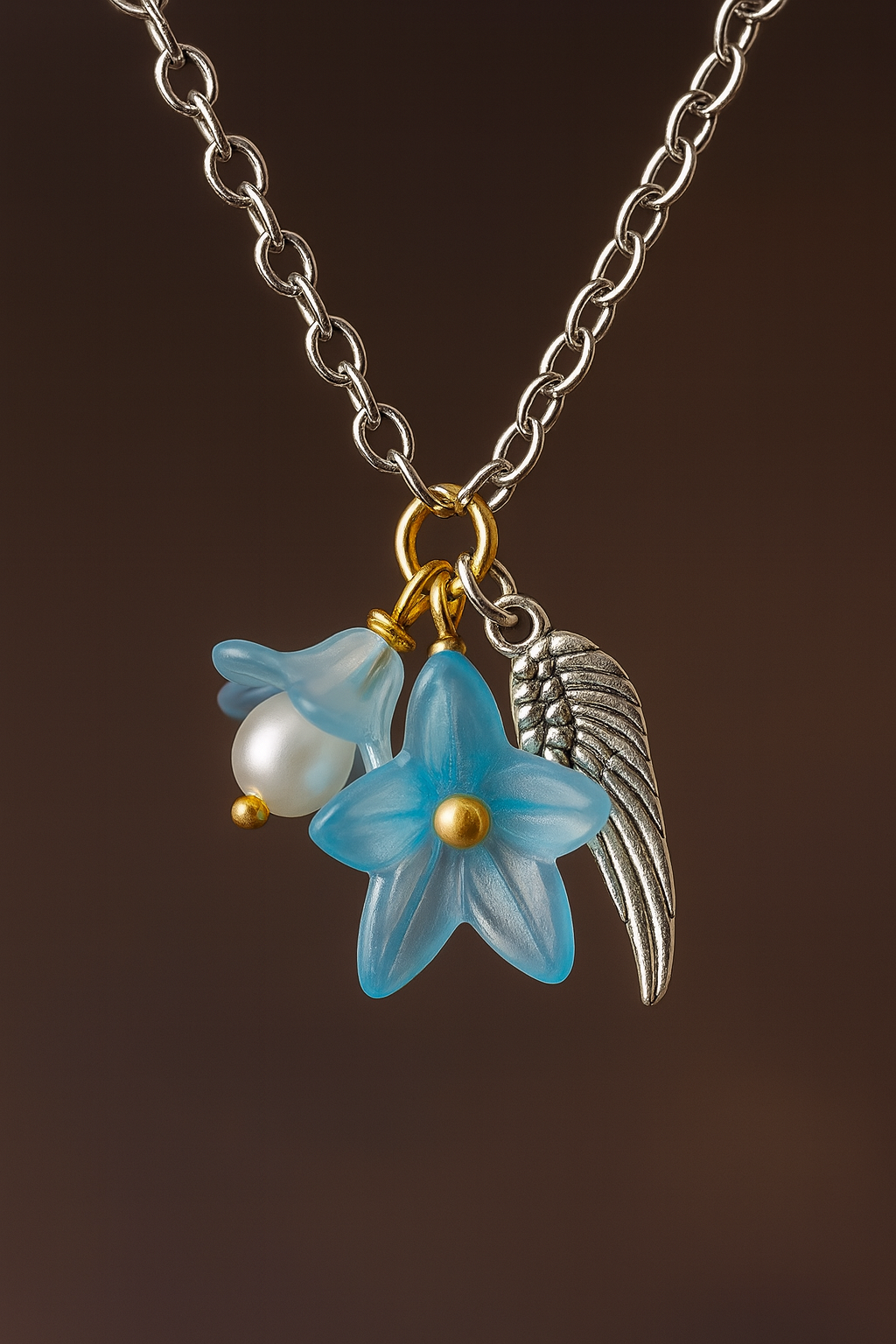 Feenlaterne – Feenlicht Kette | Feen Schmuck & Elfen Anhänger | Handgemacht mit Acryl Blüte & Engelsflügel | in Grün, Lila, Flieder, Pink, Hellblau & Gelb