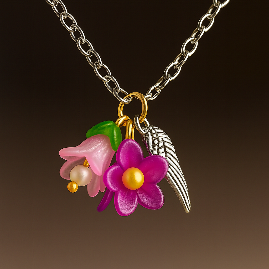 Feenlaterne – Feenlicht Kette | Feen Schmuck & Elfen Anhänger | Handgemacht mit Acryl Blüte & Engelsflügel | in Grün, Lila, Flieder, Pink, Hellblau & Gelb