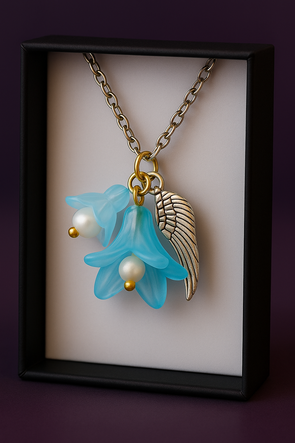 Feenlaterne – Feenlicht Kette | Feen Schmuck & Elfen Anhänger | Handgemacht mit Acryl Blüte & Engelsflügel | in Grün, Lila, Flieder, Pink, Hellblau & Gelb