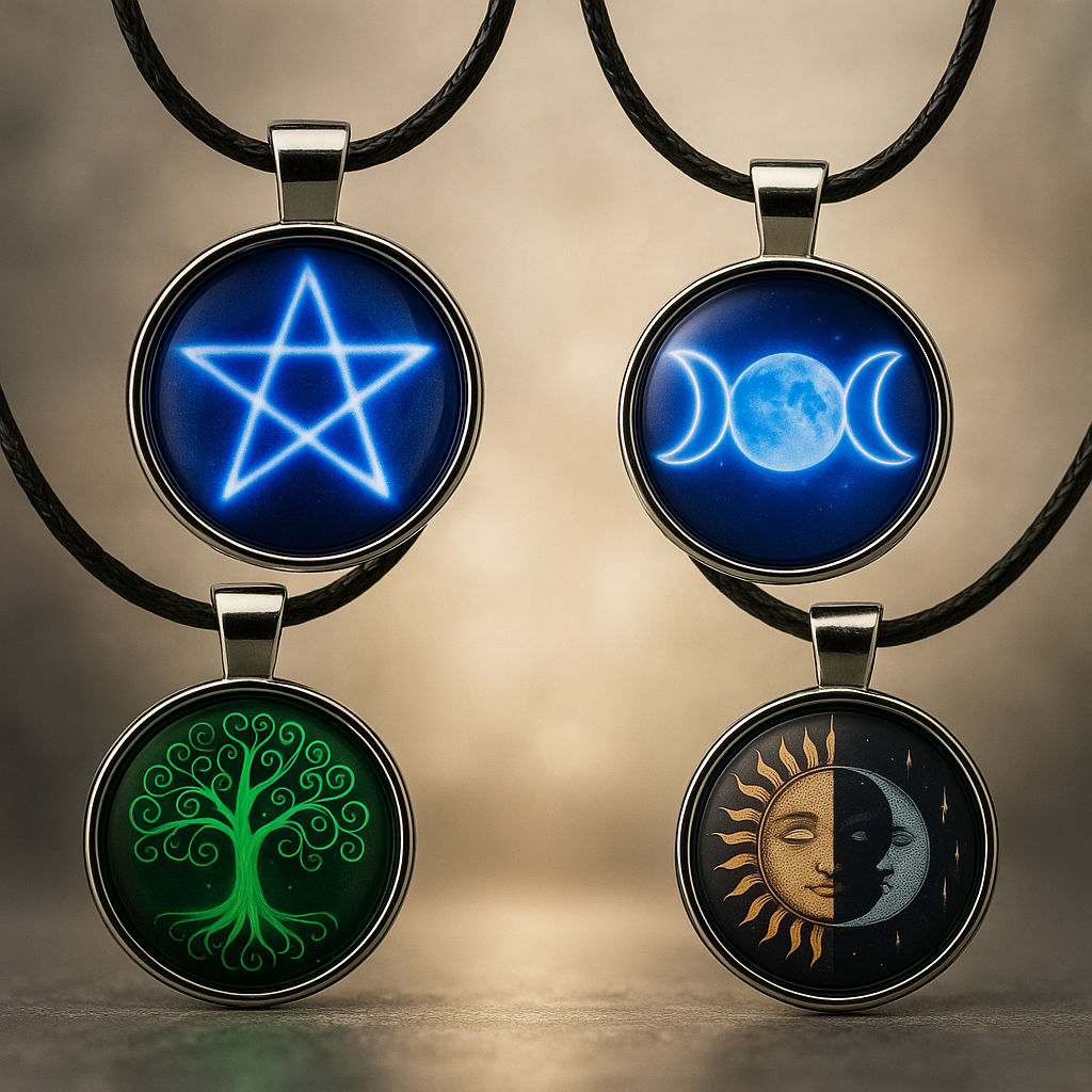 Wicca Ketten mit 7 mystischen Motiven – Pentagramm, Dreifachmond, Lebensbaum, Sonne & Mond, Kristallkugel, Vollmondphasen & Yule – Spiritueller Schmuck für Hexen & Esoterik