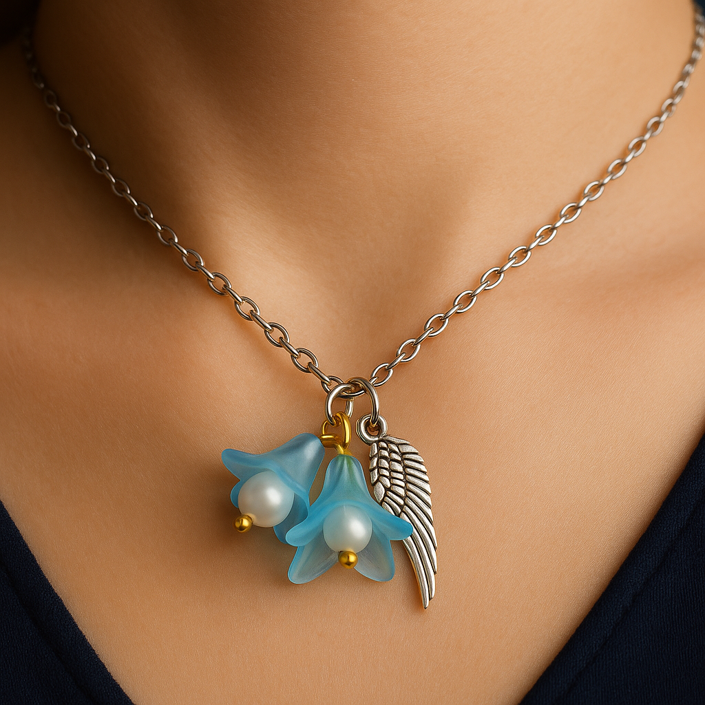 Feenlaterne – Feenlicht Kette | Feen Schmuck & Elfen Anhänger | Handgemacht mit Acryl Blüte & Engelsflügel | in Grün, Lila, Flieder, Pink, Hellblau & Gelb