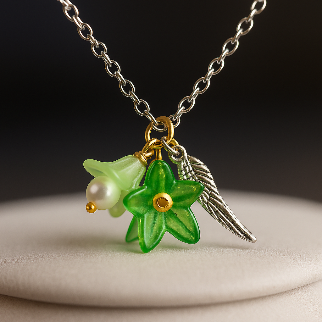 Feenlaterne – Feenlicht Kette | Feen Schmuck & Elfen Anhänger | Handgemacht mit Acryl Blüte & Engelsflügel | in Grün, Lila, Flieder, Pink, Hellblau & Gelb