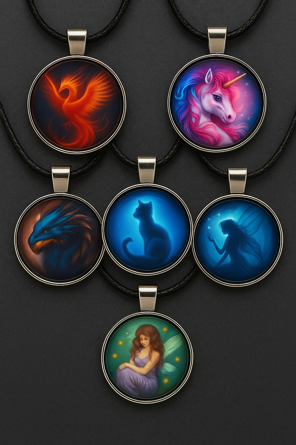 🌟 Mystische Anhänger Halsketten – Phönix, Drache, Fee, Einhorn, Katze & Feenmotiv 🌙